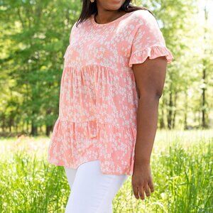 Chic Soul Babydoll Top in Cool Morning Sunrise Floral Tiered (Size 2XL)